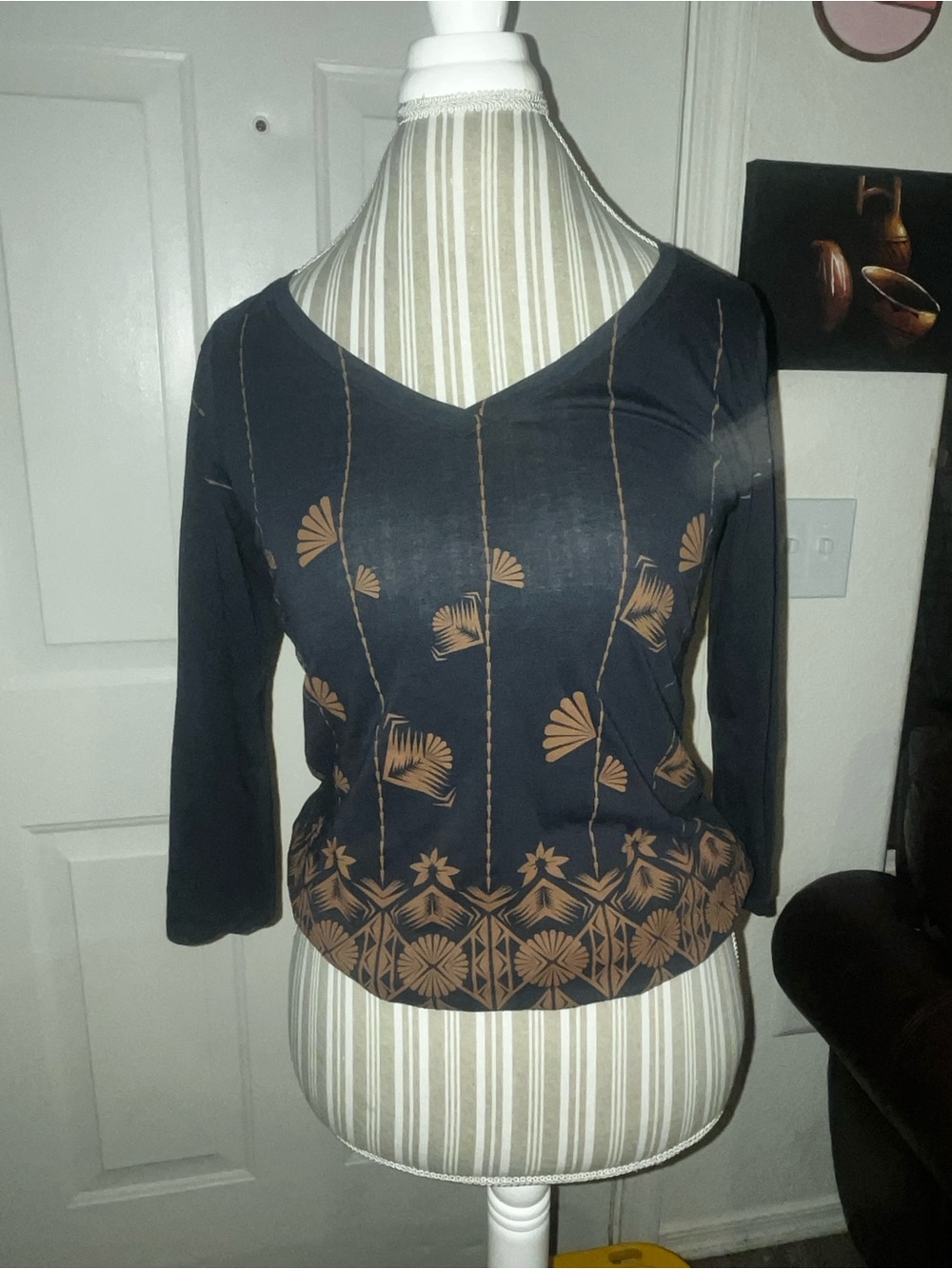 Women’s Navy V-Neck Top with Brown Floral Print